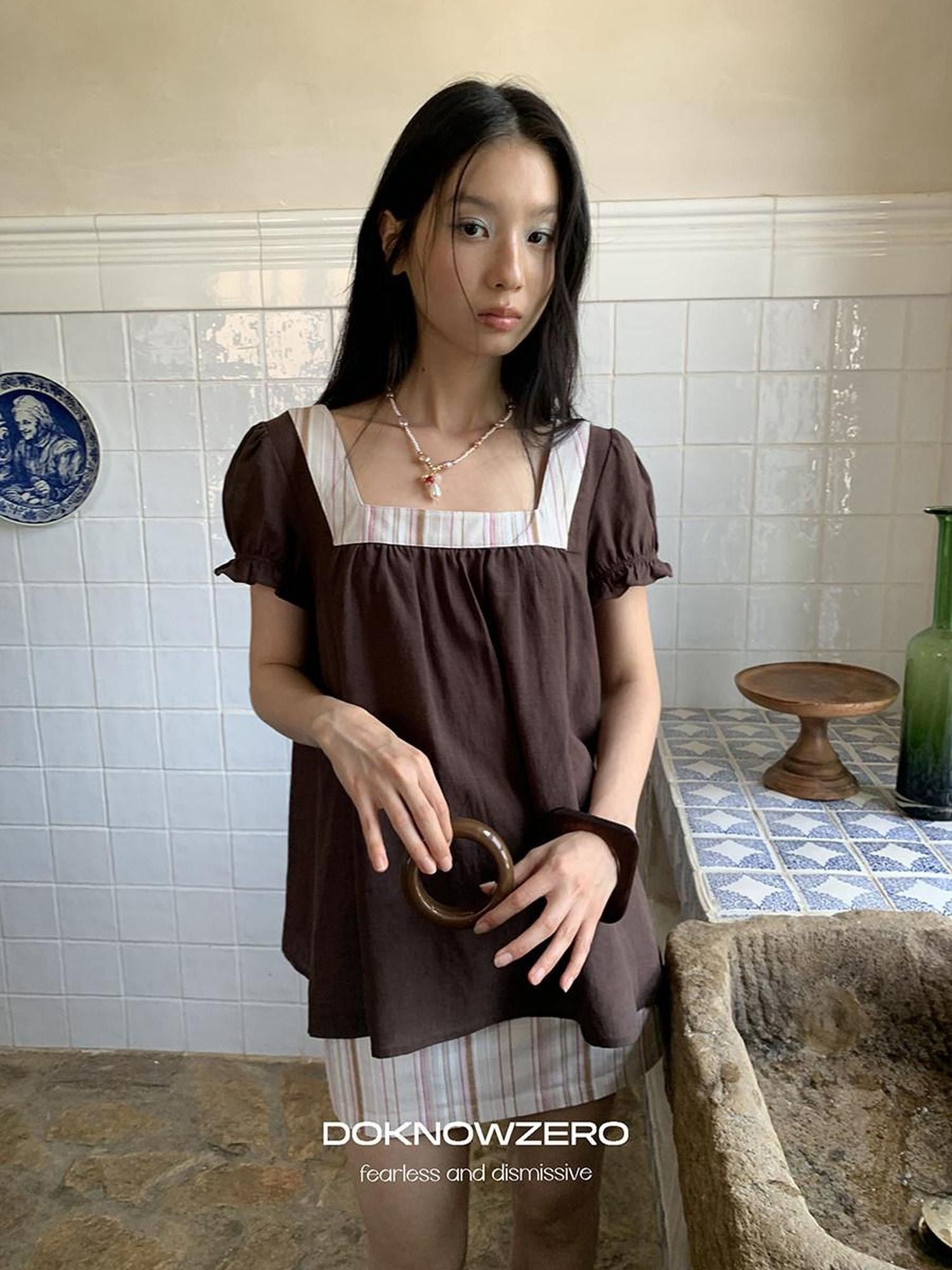 DKZ OFFICIAL Striped Patchwork Lantern Sleeve Women&
