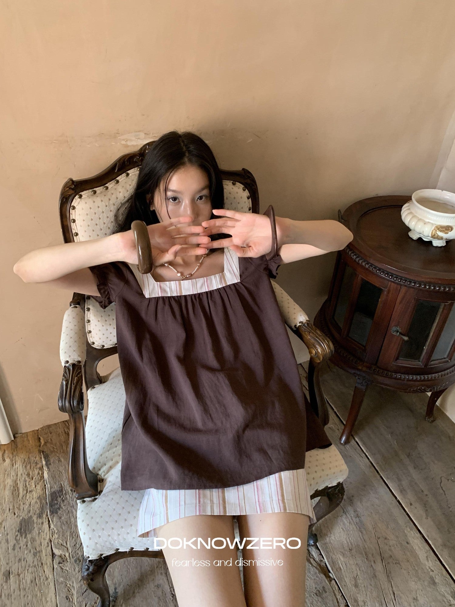 DKZ OFFICIAL Striped Patchwork Lantern Sleeve Women&