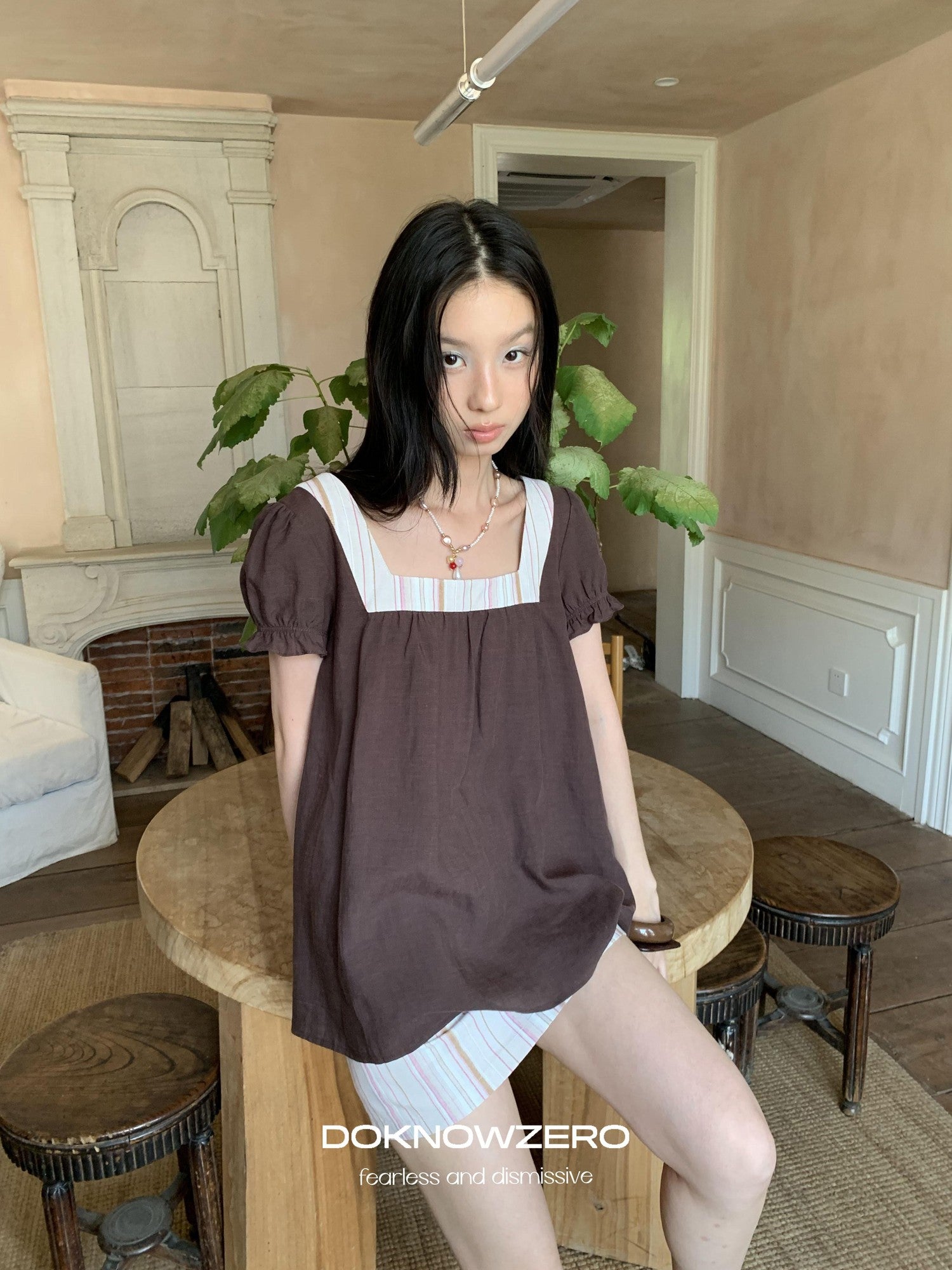 DKZ OFFICIAL Striped Patchwork Lantern Sleeve Women&