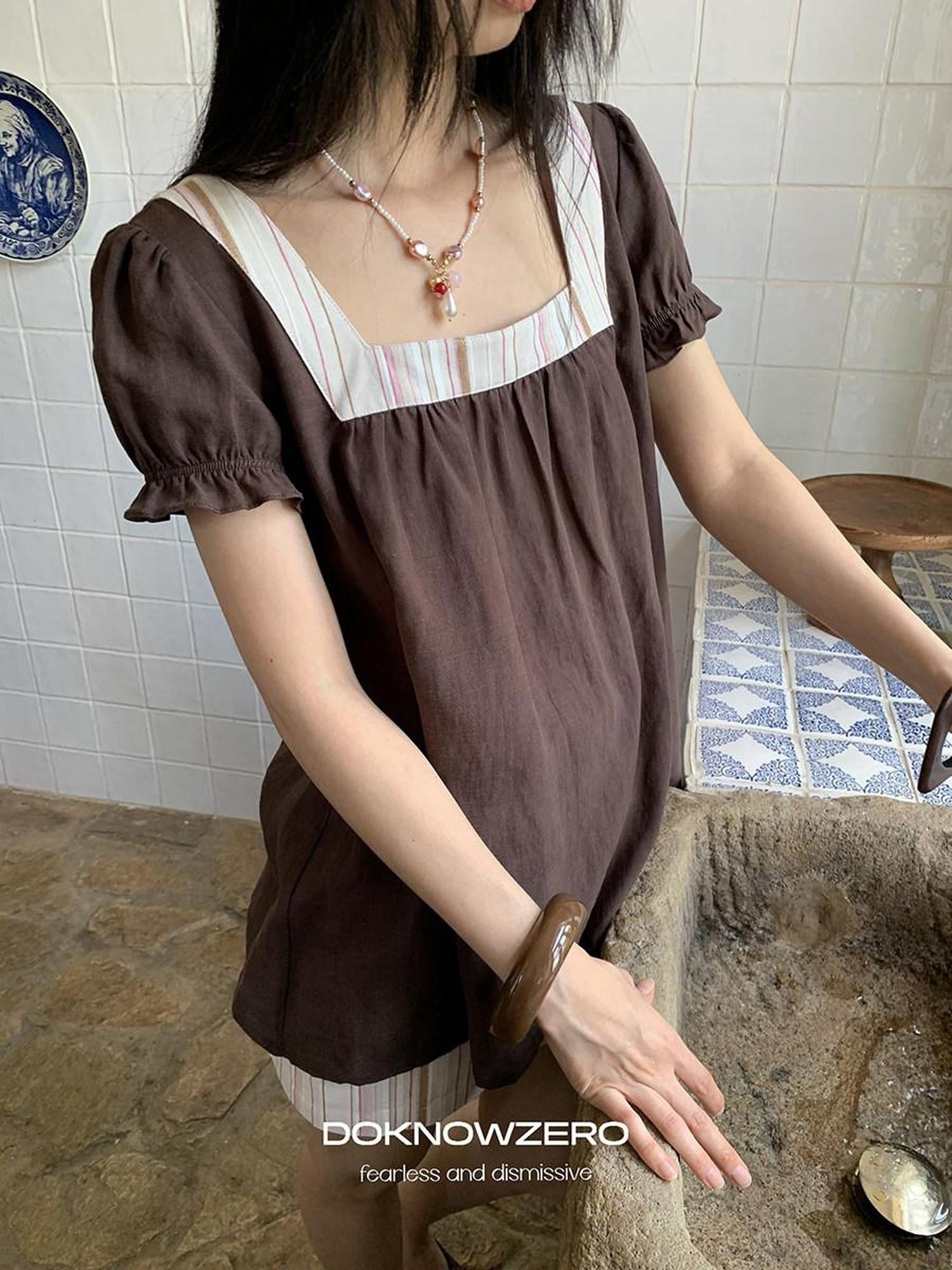 DKZ OFFICIAL Striped Patchwork Lantern Sleeve Women&