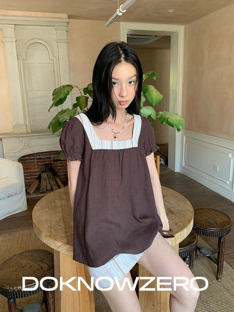 DKZ OFFICIAL Striped Patchwork Lantern Sleeve Women&