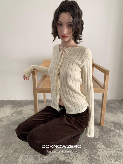 DKZ_OFFICIAL_Striped_Tie_Front_Knit_Round_Neck_Long_Sleeve_Women&