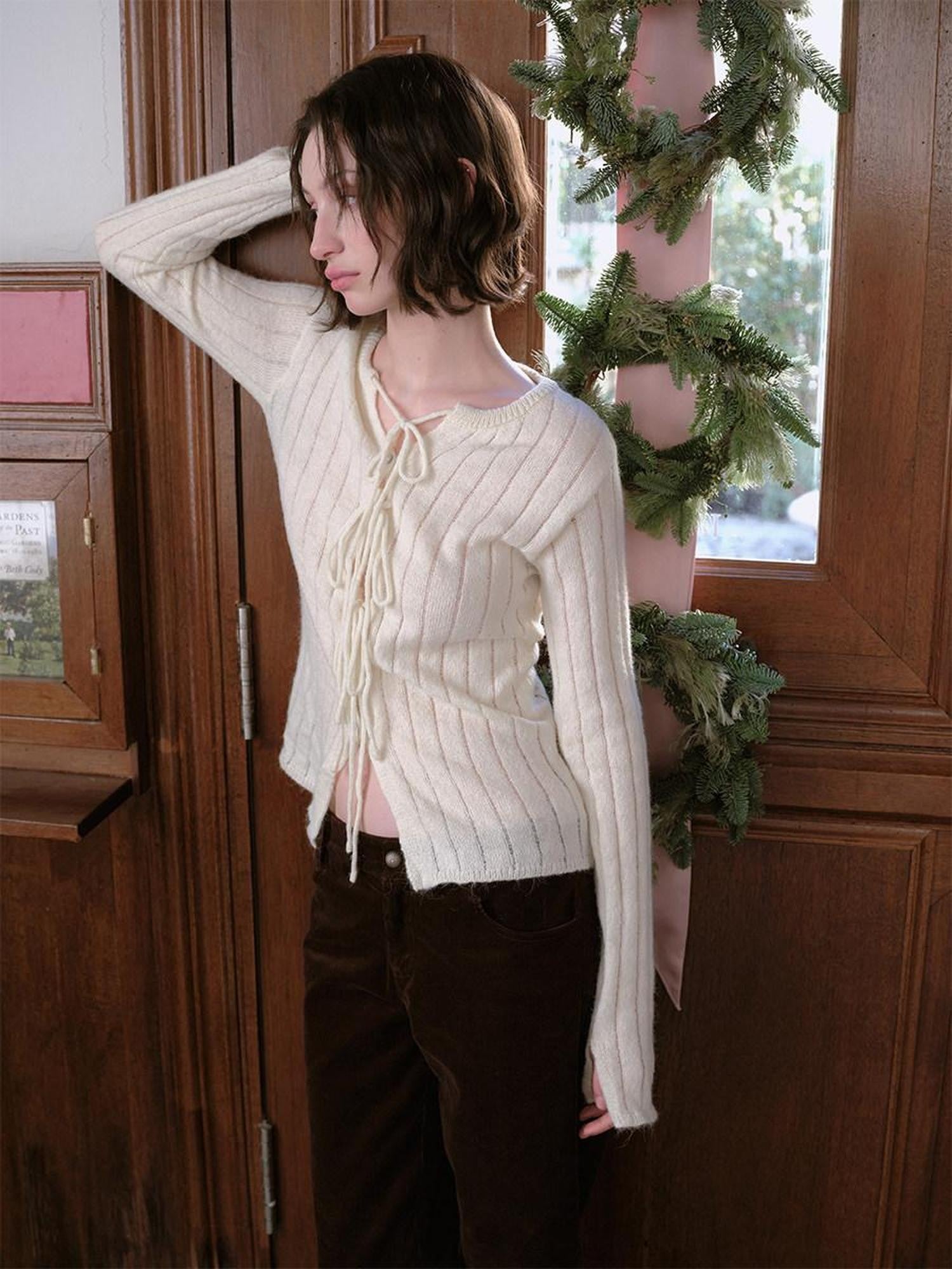 DKZ OFFICIAL Striped Tie Front Knit Round Neck Long Sleeve Women&