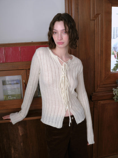 DKZ OFFICIAL Striped Tie Front Knit Round Neck Long Sleeve Women&