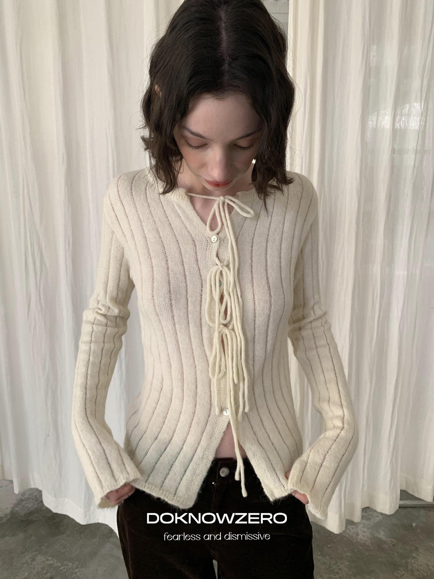 DKZ OFFICIAL Striped Tie Front Knit Round Neck Long Sleeve Women&