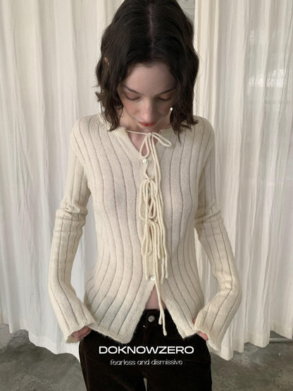 DKZ OFFICIAL Striped Tie Front Knit Round Neck Long Sleeve Women&