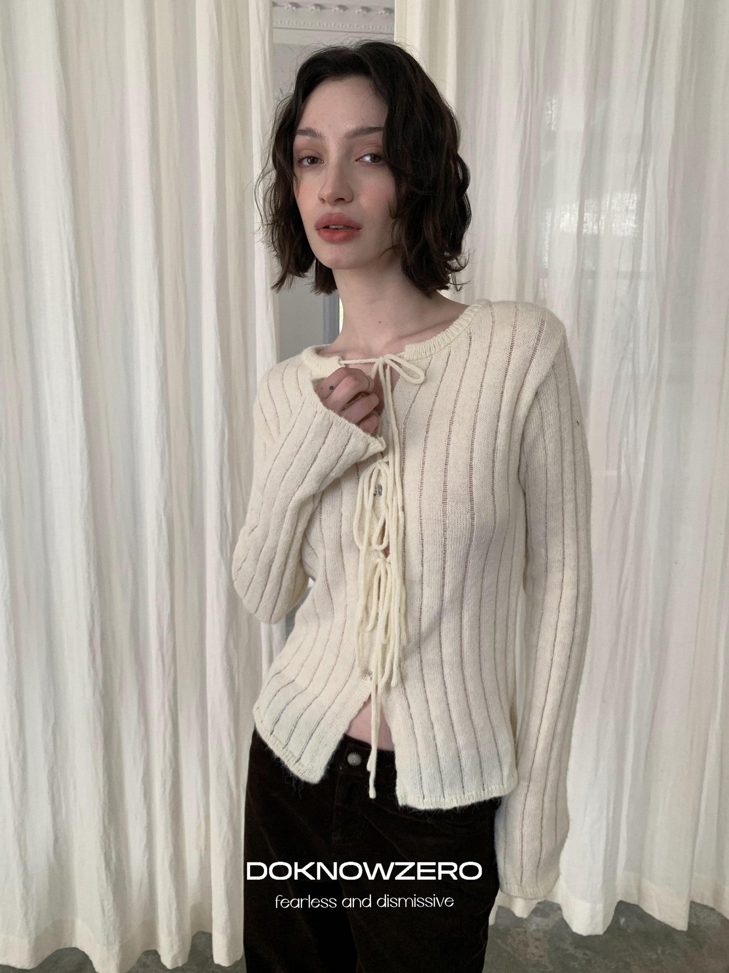 DKZ OFFICIAL Striped Tie Front Knit Round Neck Long Sleeve Women&