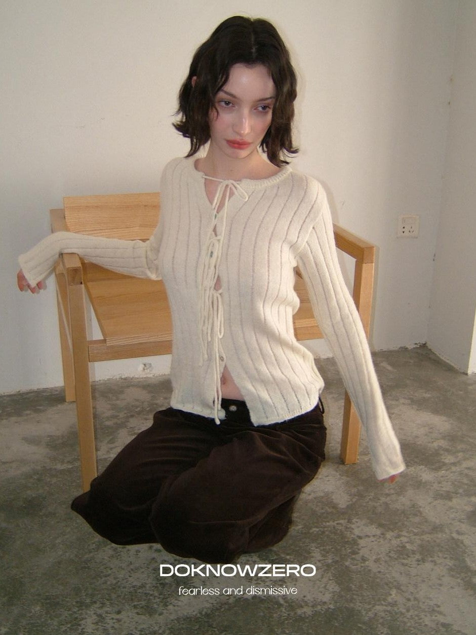 DKZ OFFICIAL Striped Tie Front Knit Round Neck Long Sleeve Women&