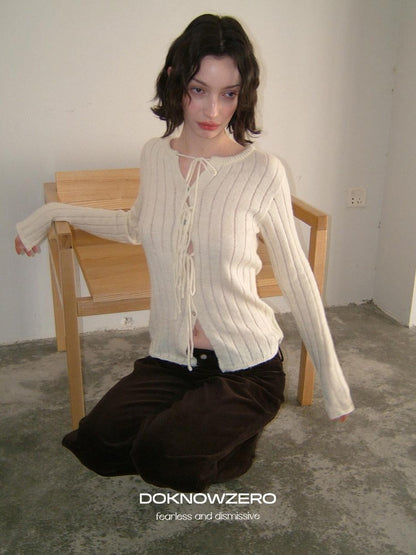 DKZ OFFICIAL Striped Tie Front Knit Round Neck Long Sleeve Women&
