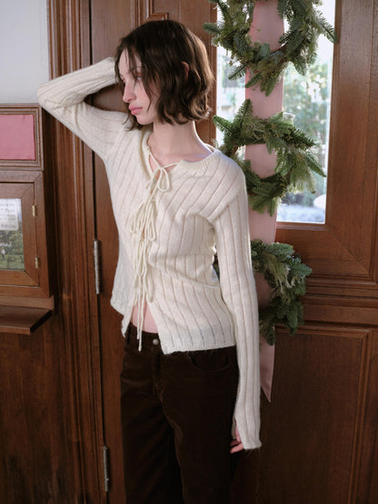 DKZ OFFICIAL Striped Tie Front Knit Round Neck Long Sleeve Women&