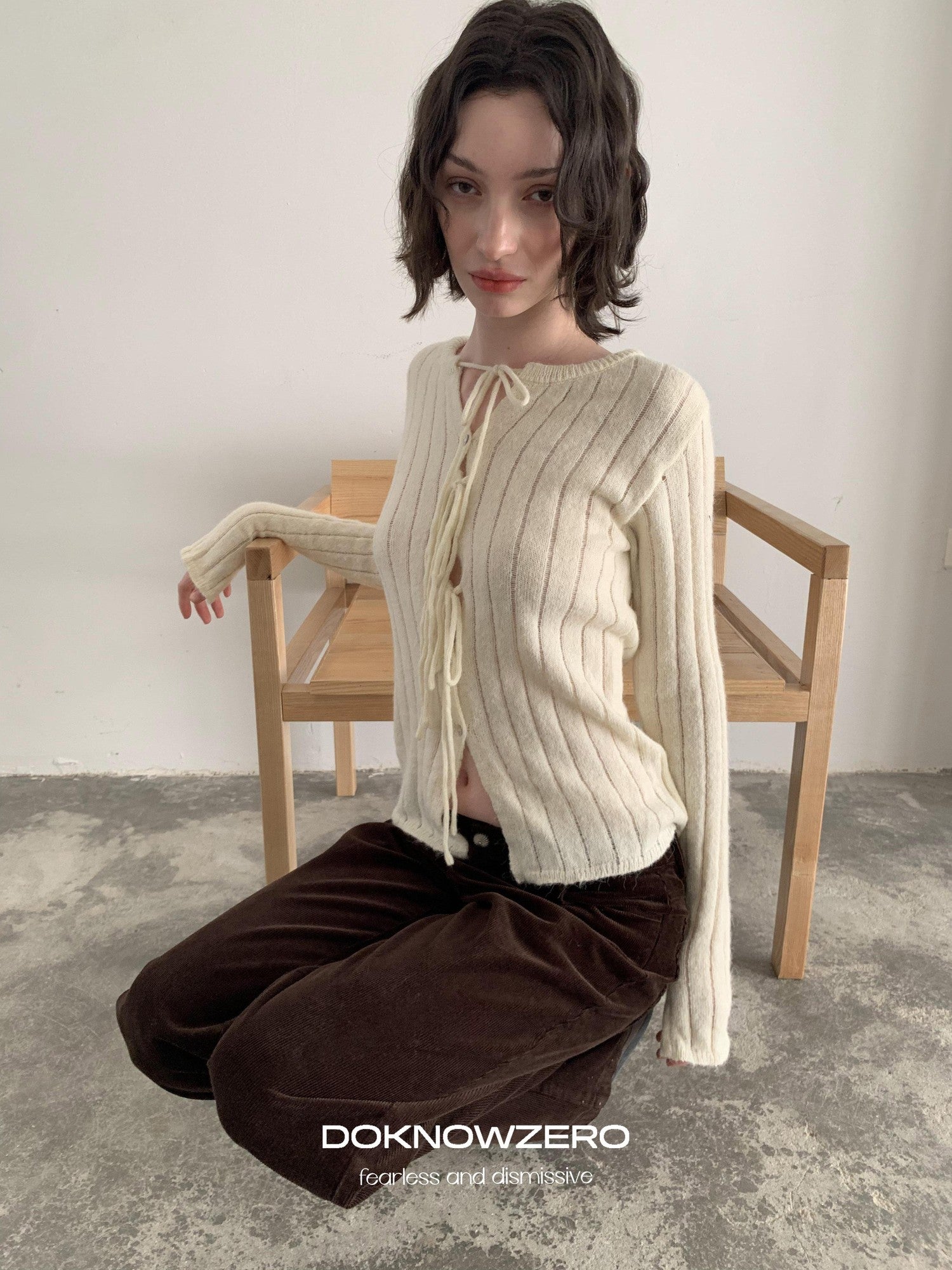 DKZ OFFICIAL Striped Tie Front Knit Round Neck Long Sleeve Women&