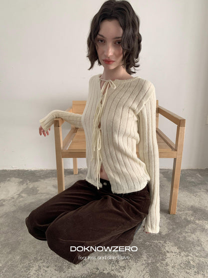 DKZ OFFICIAL Striped Tie Front Knit Round Neck Long Sleeve Women&