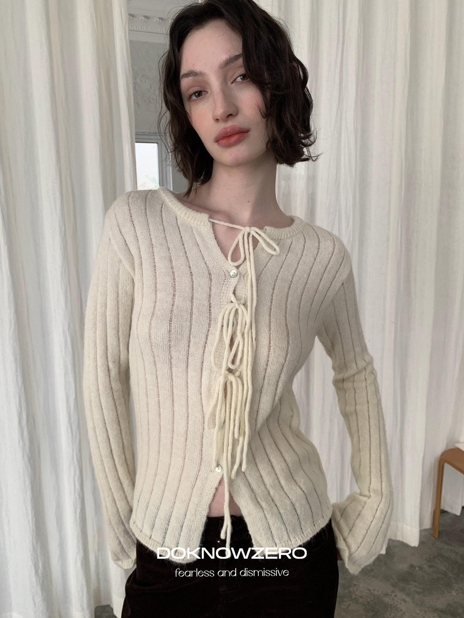 DKZ OFFICIAL Striped Tie Front Knit Round Neck Long Sleeve Women&