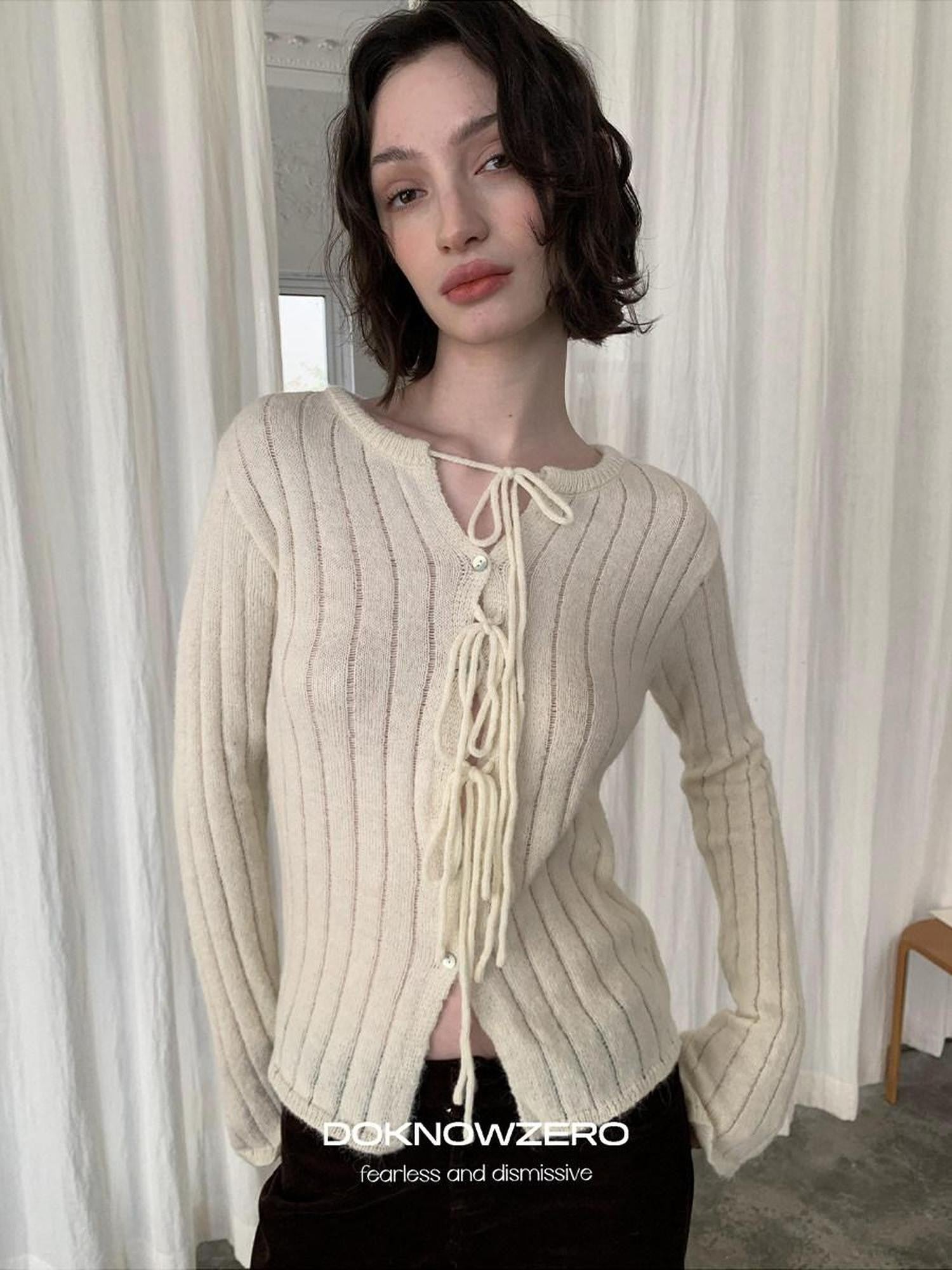 DKZ OFFICIAL Striped Tie Front Knit Round Neck Long Sleeve Women&