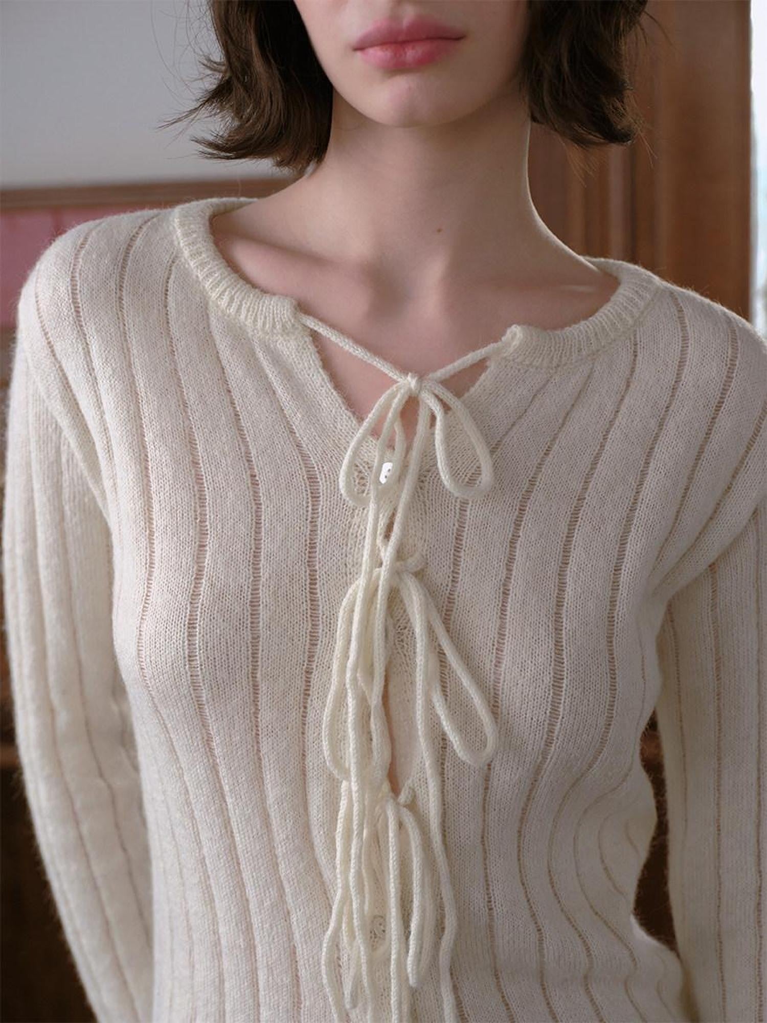 DKZ OFFICIAL Striped Tie Front Knit Round Neck Long Sleeve Women&