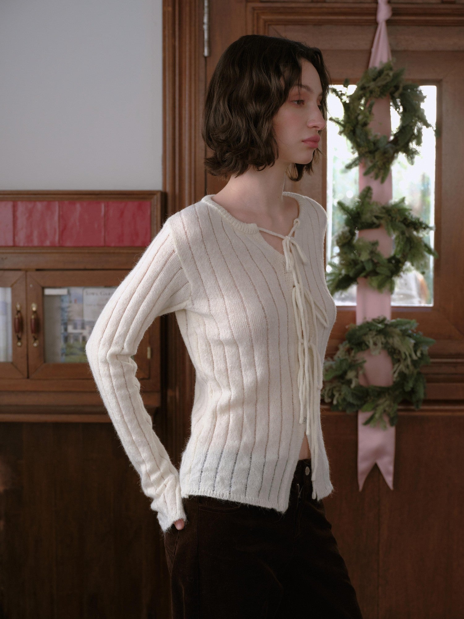 DKZ OFFICIAL Striped Tie Front Knit Round Neck Long Sleeve Women&