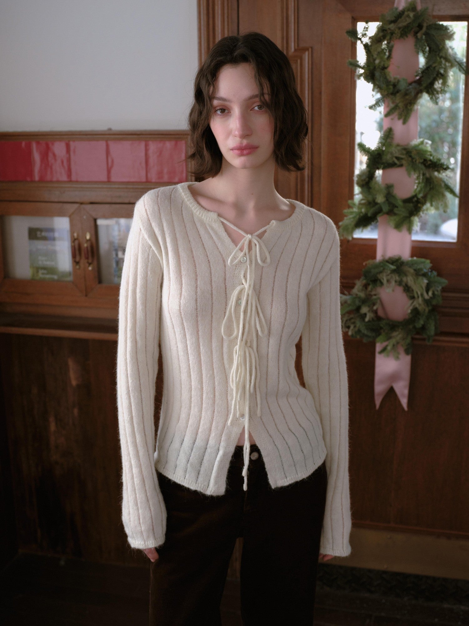 DKZ OFFICIAL Striped Tie Front Knit Round Neck Long Sleeve Women&