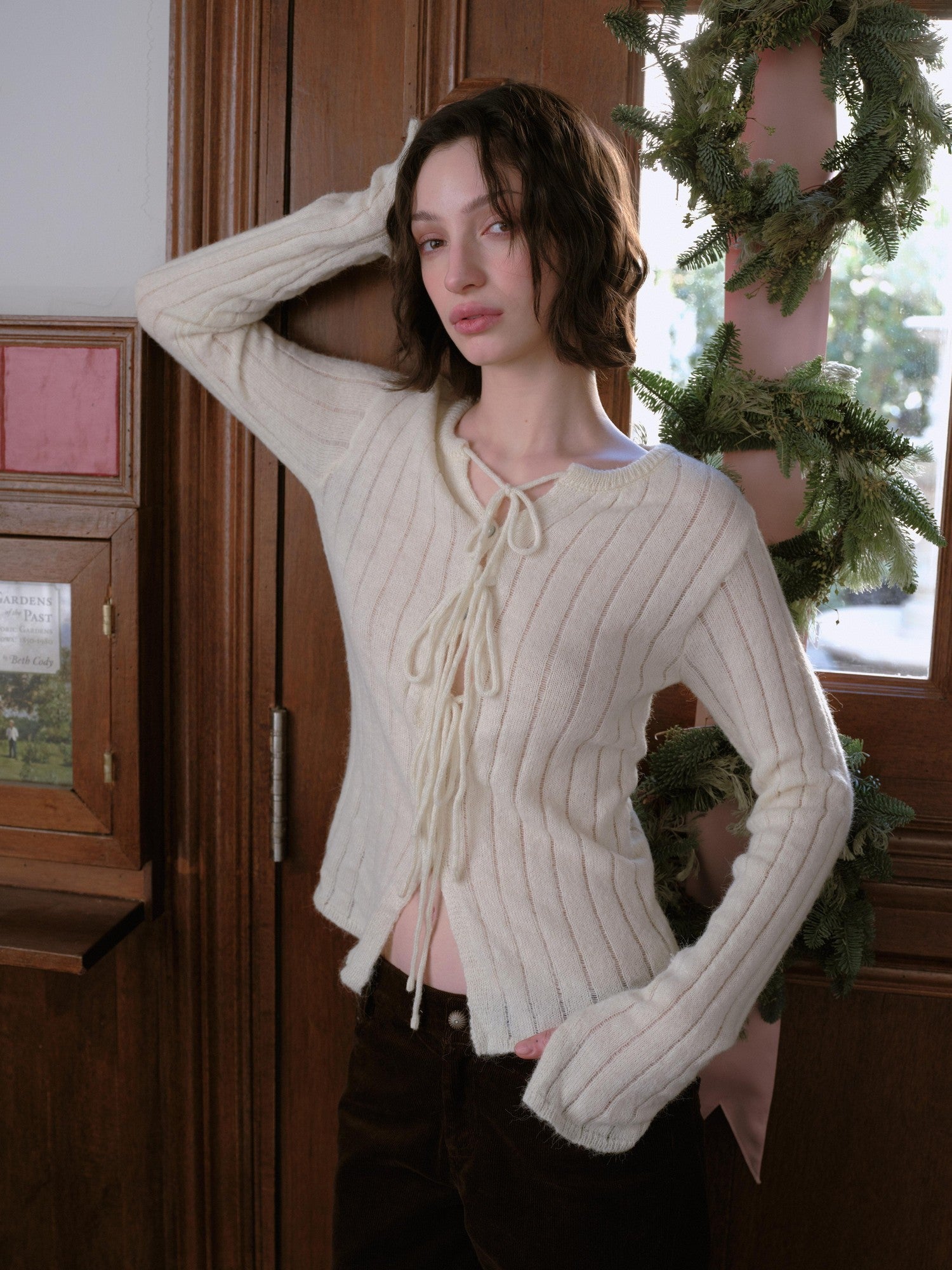 DKZ OFFICIAL Striped Tie Front Knit Round Neck Long Sleeve Women&