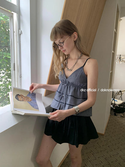 DKZ OFFICIAL Striped V-Neck Bow Tie Camisole Top