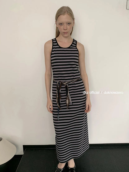 DKZ OFFICIAL Striped Vest Dress Women S Retro Casual Long Sleeveless Dress