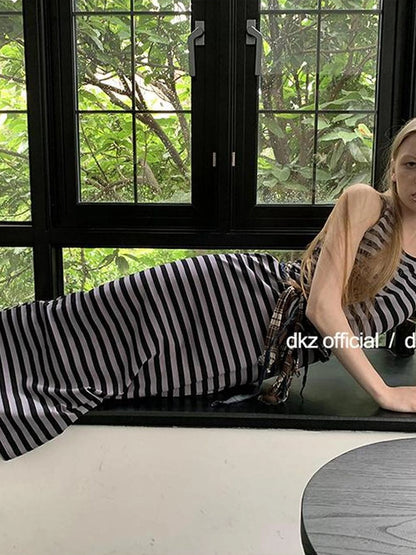 DKZ OFFICIAL Striped Vest Dress Women S Retro Casual Long Sleeveless Dress