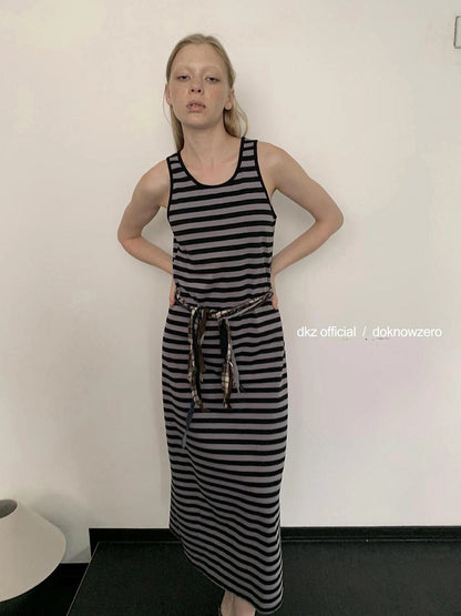 DKZ OFFICIAL Striped Vest Dress Women S Retro Casual Long Sleeveless Dress