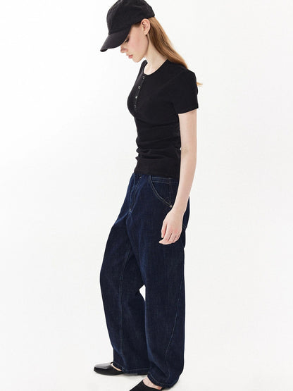 DKZ OFFICIAL Structured Baggy Wide Leg Denim Pants In Deep Blue