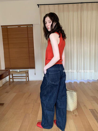 DKZ OFFICIAL Structured Baggy Wide Leg Denim Pants In Deep Blue