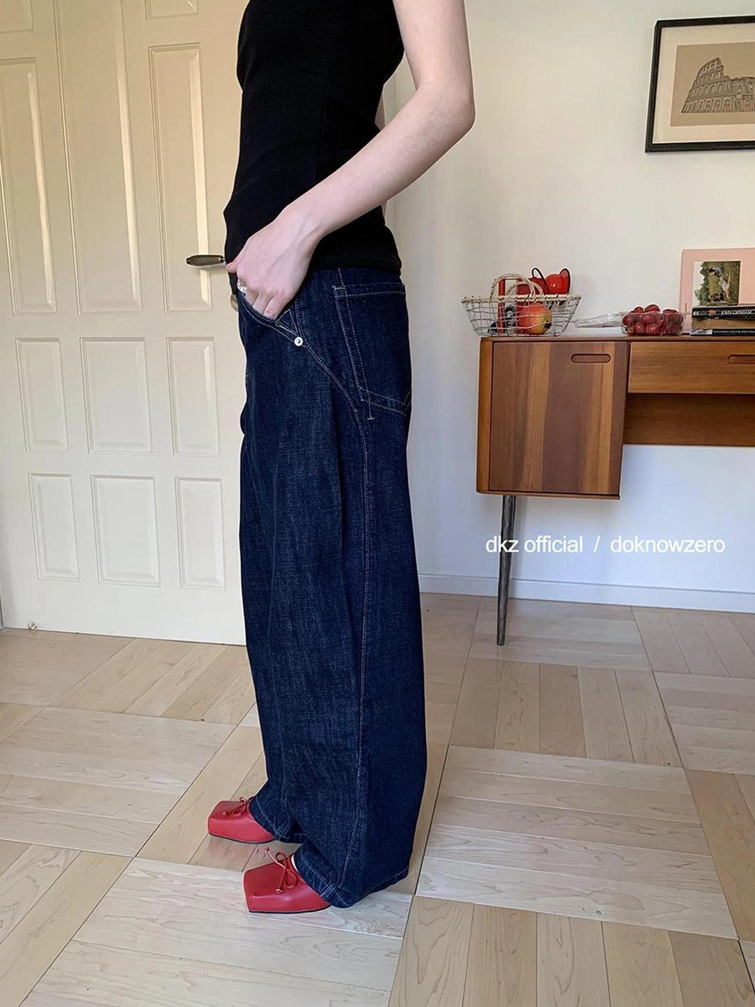 DKZ OFFICIAL Structured Baggy Wide Leg Denim Pants In Deep Blue
