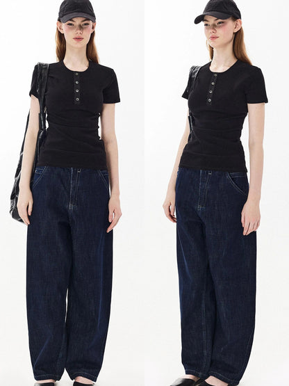 DKZ OFFICIAL Structured Baggy Wide Leg Denim Pants In Deep Blue