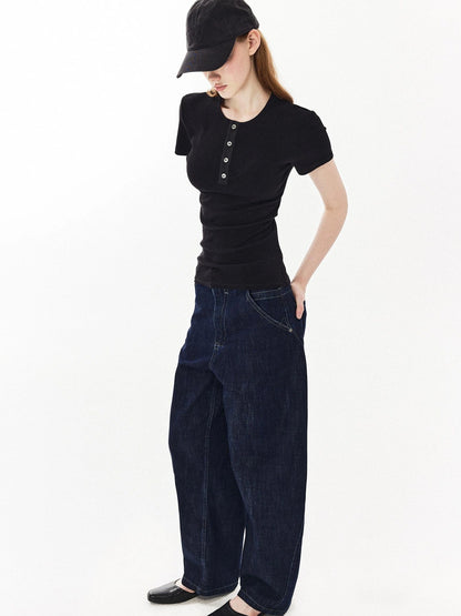 DKZ OFFICIAL Structured Baggy Wide Leg Denim Pants In Deep Blue