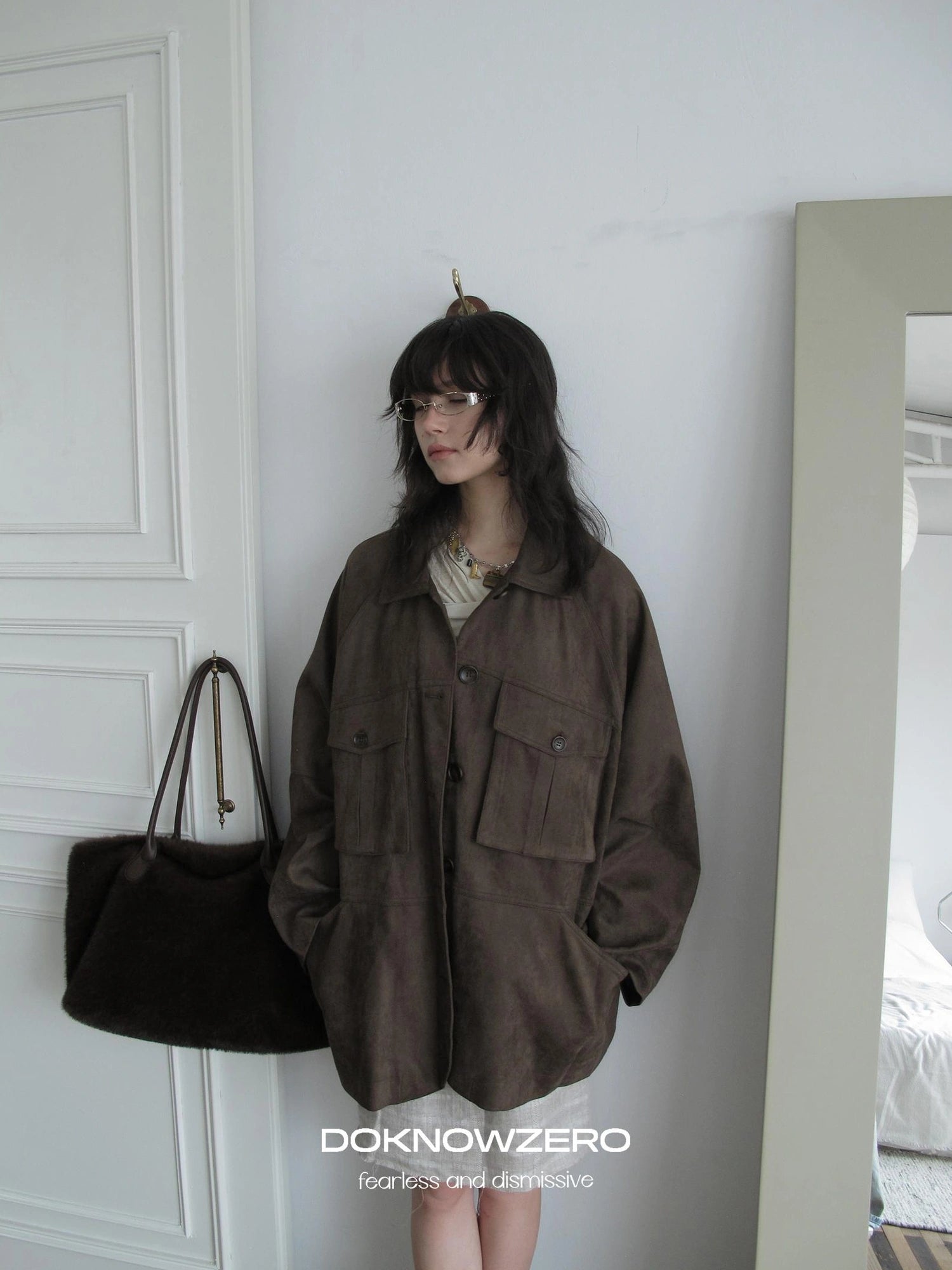 DKZ OFFICIAL Suede Utility Jacket In Coffee Brown