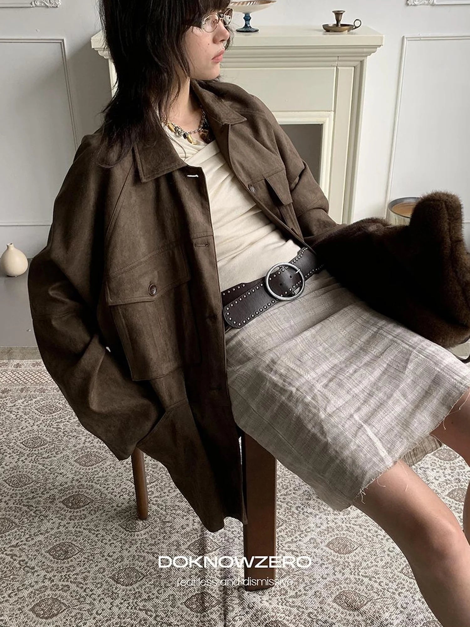 DKZ OFFICIAL Suede Utility Jacket In Coffee Brown