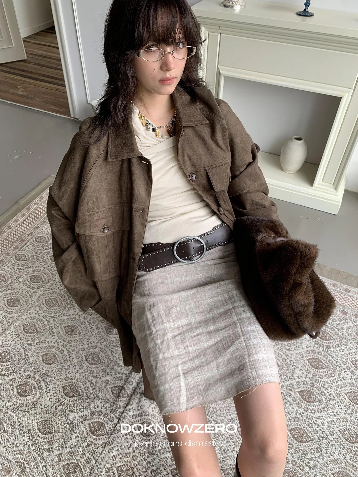 DKZ OFFICIAL Suede Utility Jacket In Coffee Brown