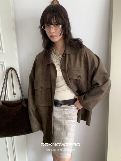 DKZ OFFICIAL Suede Utility Jacket In Coffee Brown