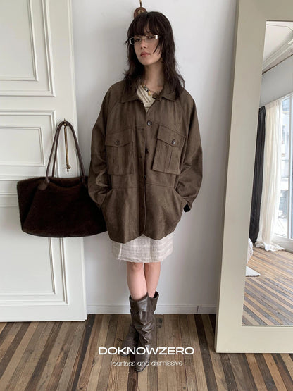 DKZ OFFICIAL Suede Utility Jacket In Coffee Brown