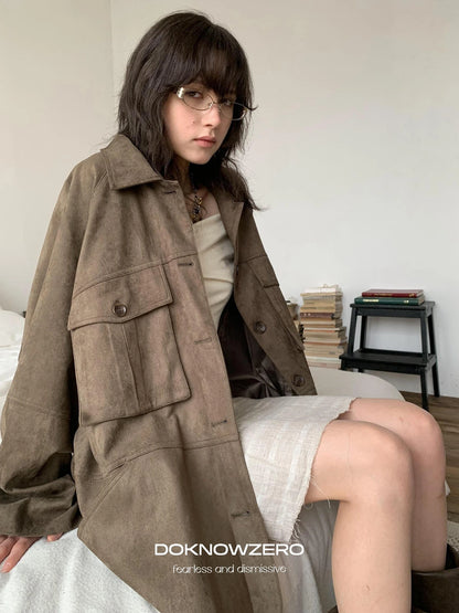 DKZ OFFICIAL Suede Utility Jacket In Coffee Brown