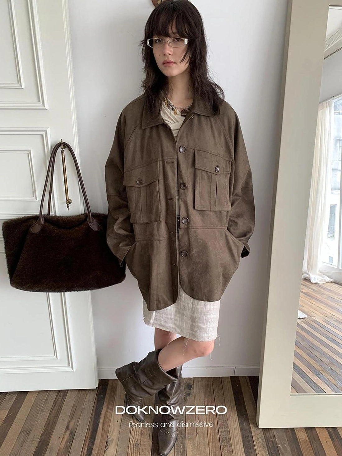DKZ OFFICIAL Suede Utility Jacket In Coffee Brown