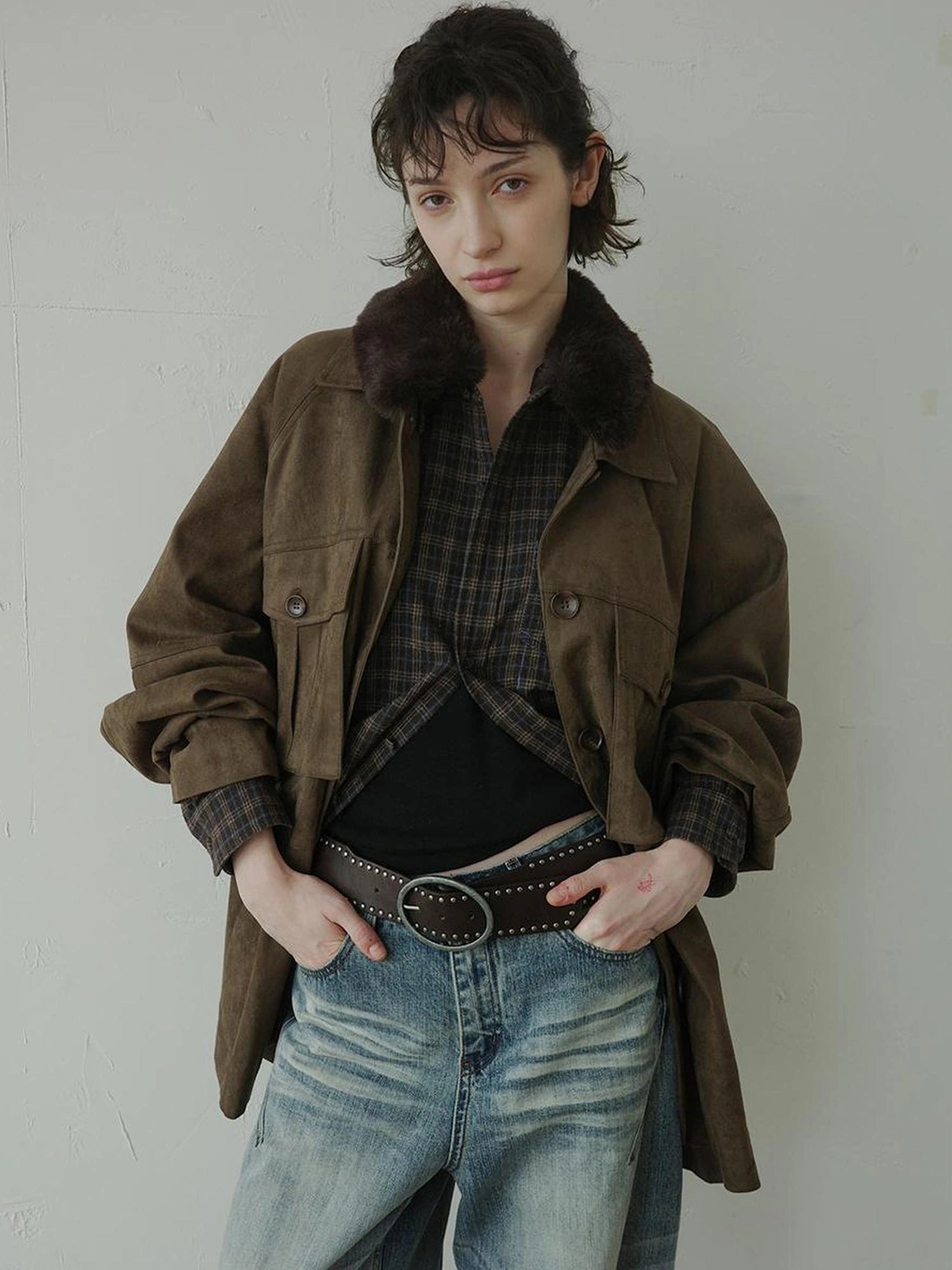 DKZ OFFICIAL Suede Utility Jacket In Coffee Brown
