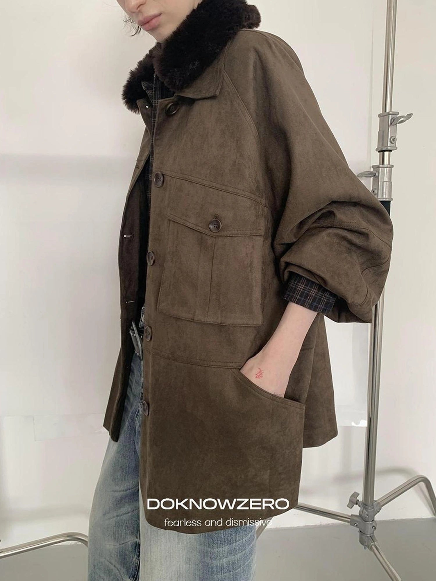 DKZ OFFICIAL Suede Utility Jacket In Coffee Brown