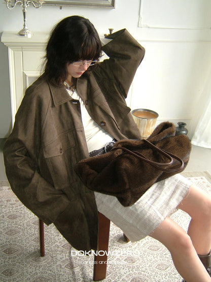 DKZ OFFICIAL Suede Utility Jacket In Coffee Brown