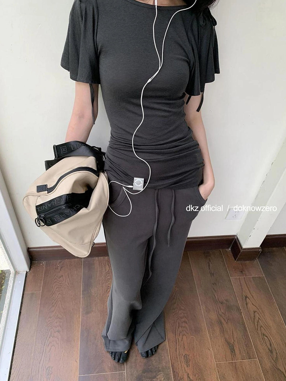 DKZ OFFICIAL Summer Knit Grey Trousers With Drawstring Waist