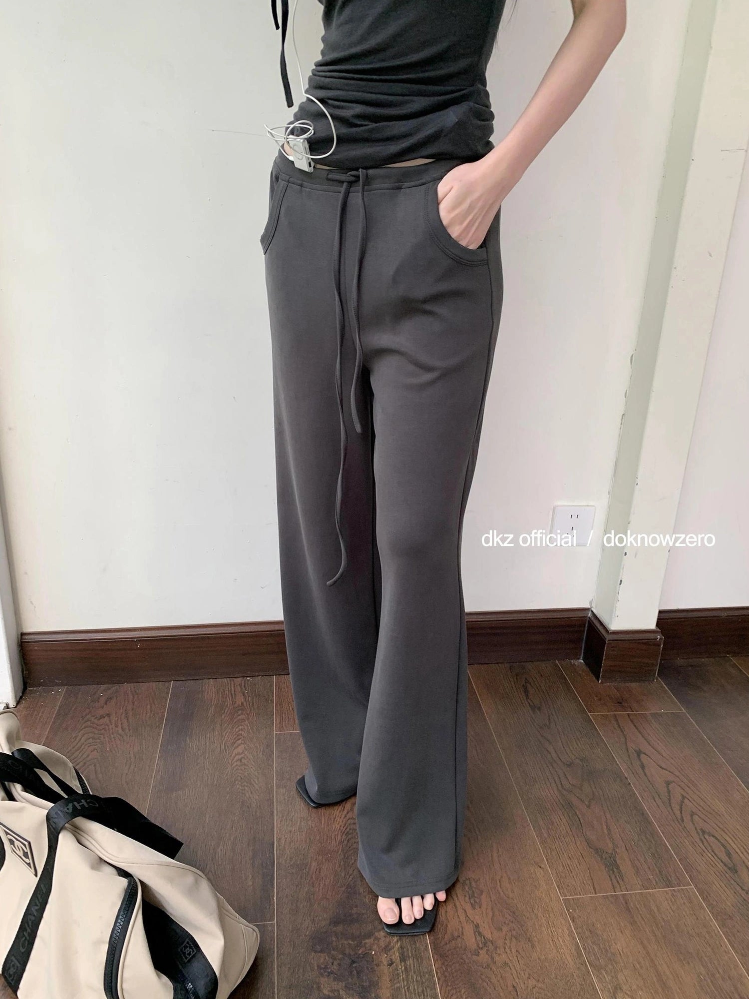 DKZ OFFICIAL Summer Knit Grey Trousers With Drawstring Waist