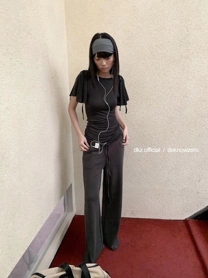 DKZ OFFICIAL Summer Knit Grey Trousers With Drawstring Waist