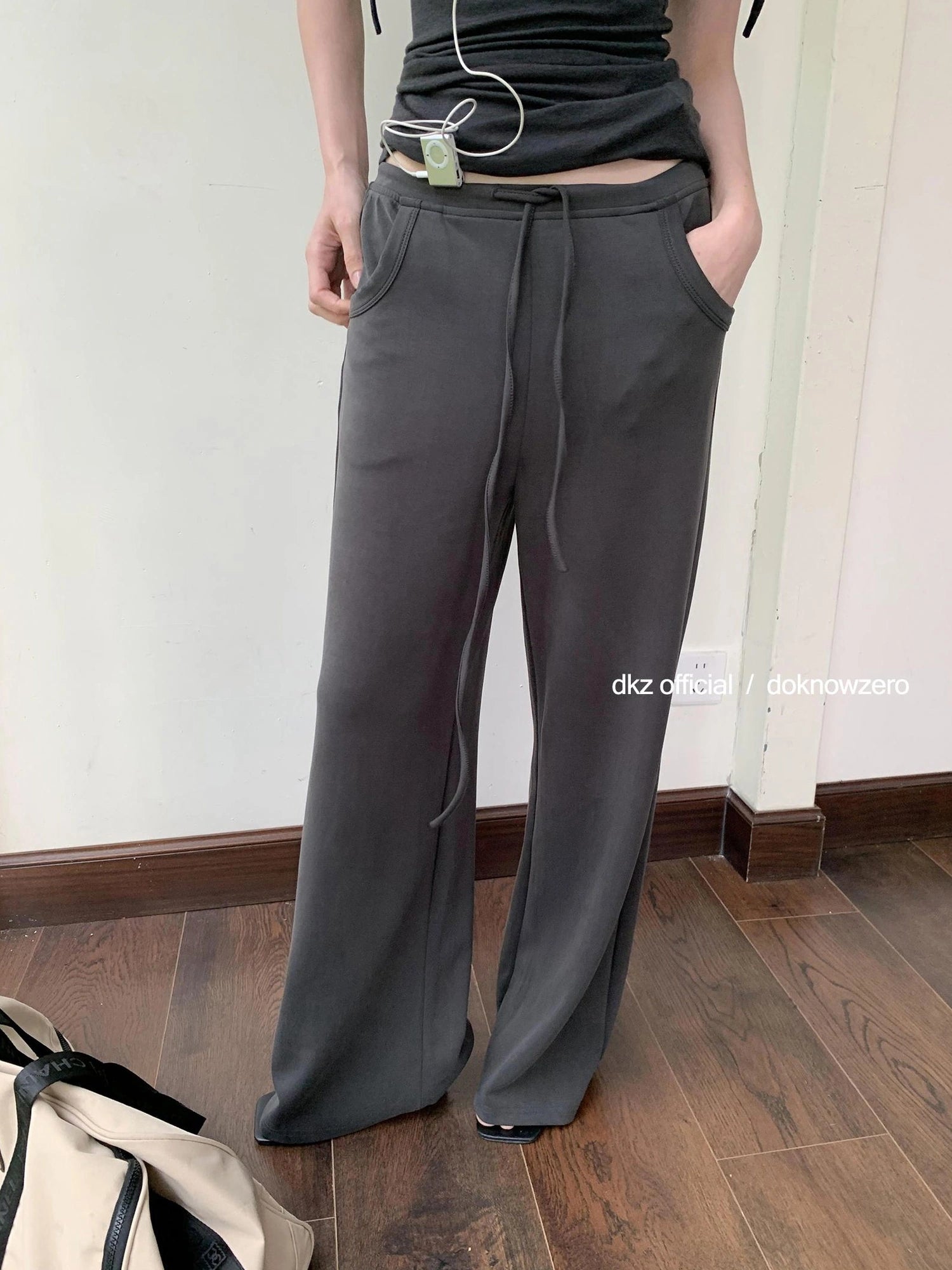 DKZ OFFICIAL Summer Knit Grey Trousers With Drawstring Waist