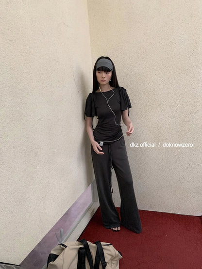 DKZ OFFICIAL Summer Knit Grey Trousers With Drawstring Waist
