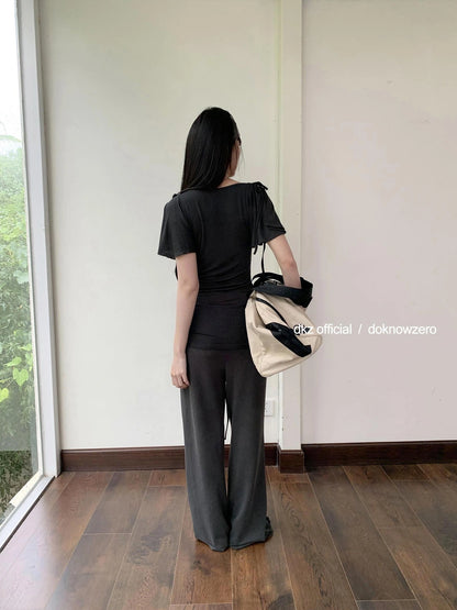 DKZ OFFICIAL Summer Knit Grey Trousers With Drawstring Waist