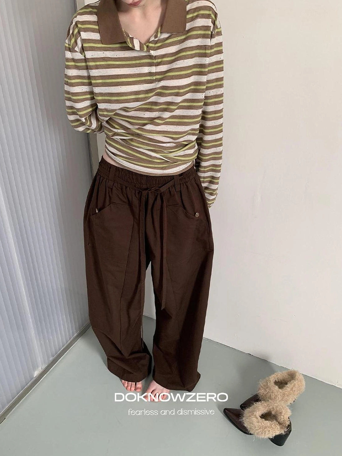 DKZ OFFICIAL Tencel Cotton Drawstring Wide Leg Trousers
