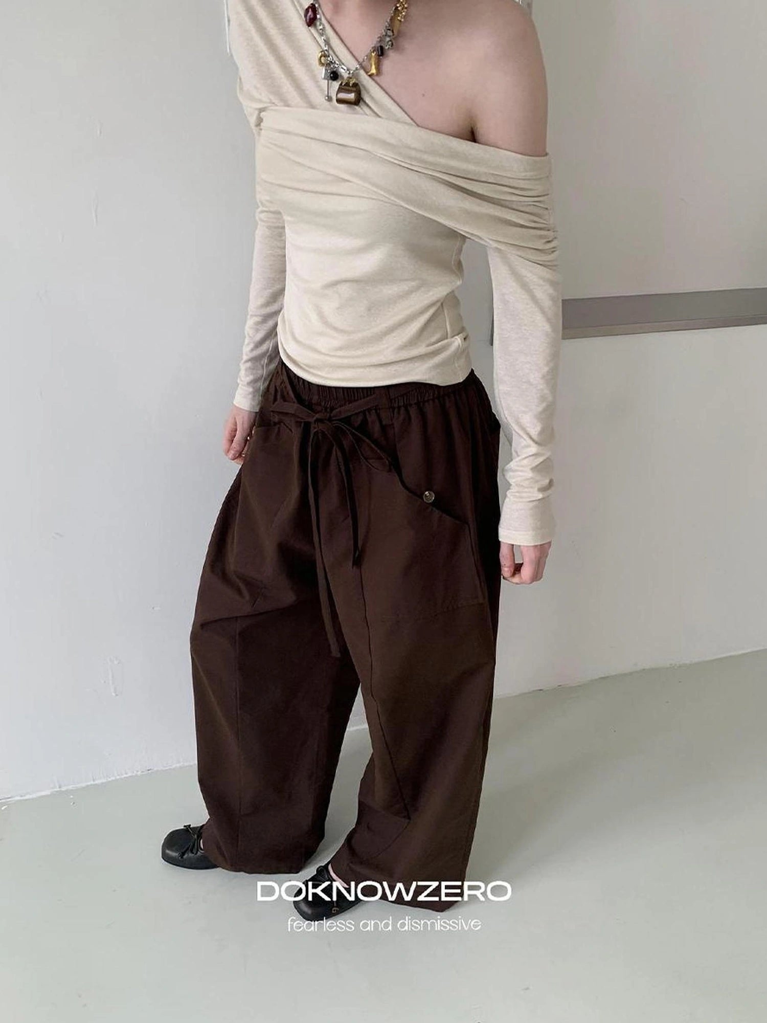 DKZ OFFICIAL Tencel Cotton Drawstring Wide Leg Trousers
