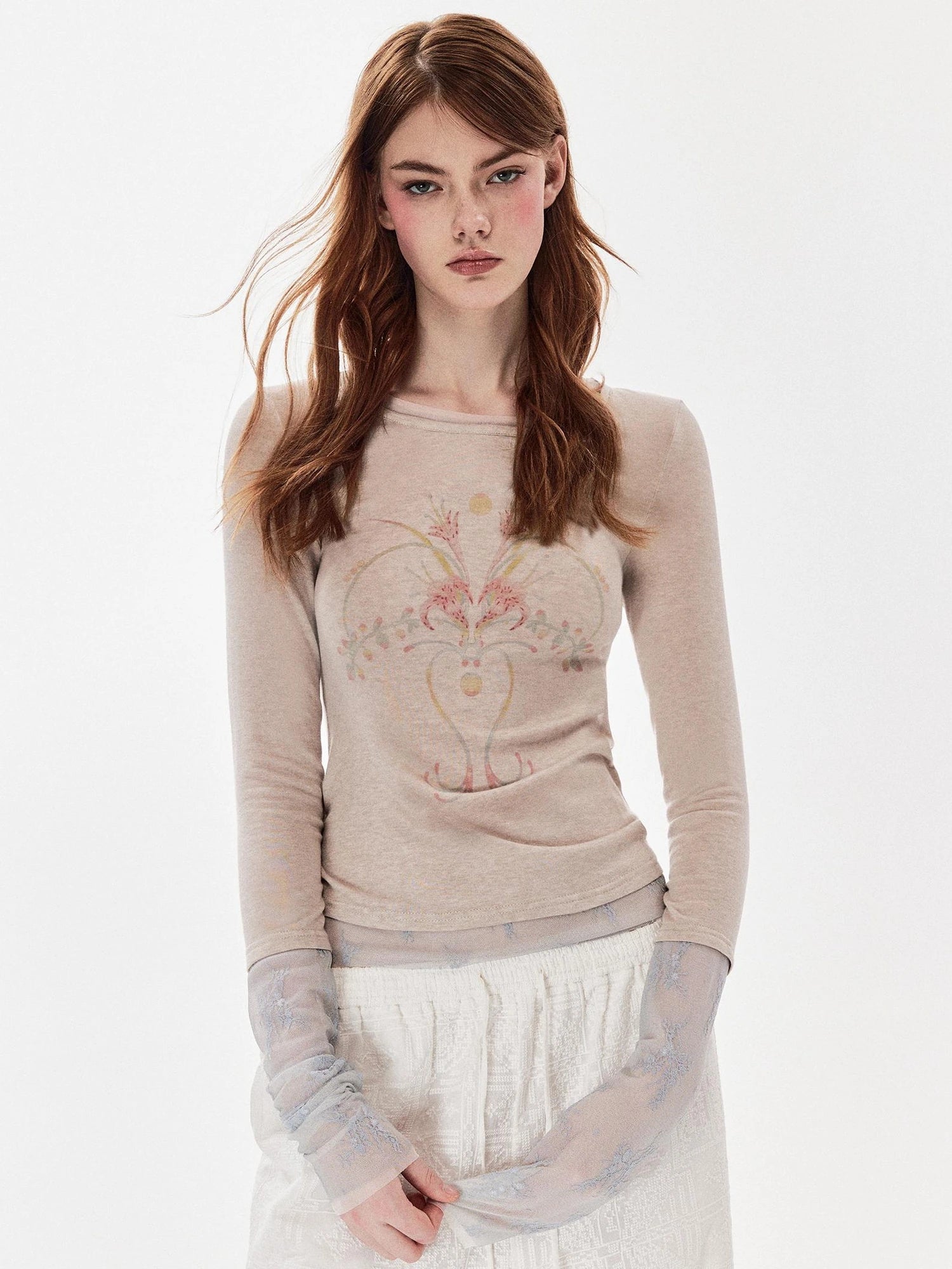 DKZ OFFICIAL Tencel Wool Blend Lace Print Long Sleeve Tee
